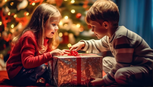 Foto kerstvreugde kinderen pakken cadeau uit bij de boom generatieve ai