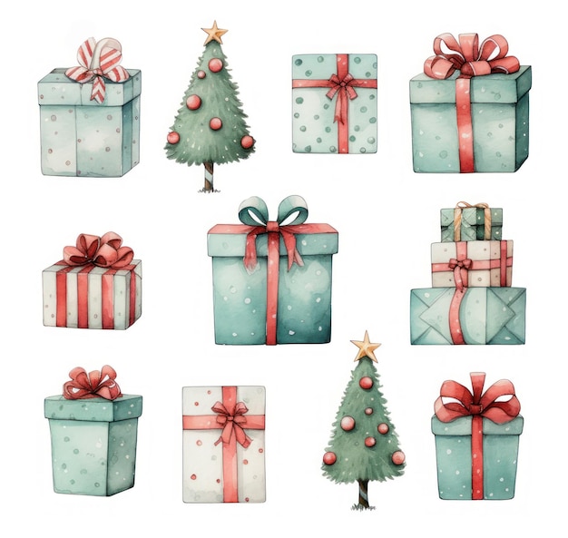 Kerstwaterverf set verschillende groene cadeau dozen met rode strikken en kerstbomen versierd met ballen Nieuwjaarscollectie Ontwerpelementen voor kaarten groeten scrapbooking