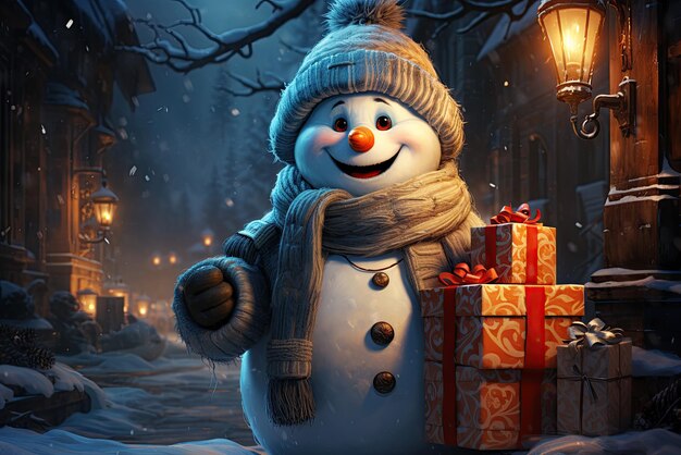Kerstwenskaart met een sneeuwpop met geschenkdozen voor het vieren van het nieuwe jaar