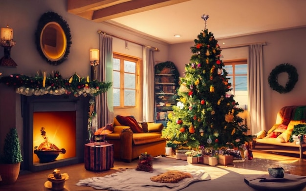 Kerstwoonkamer met prachtig versierde kerstboom Kerstachtergrondafbeeldingen