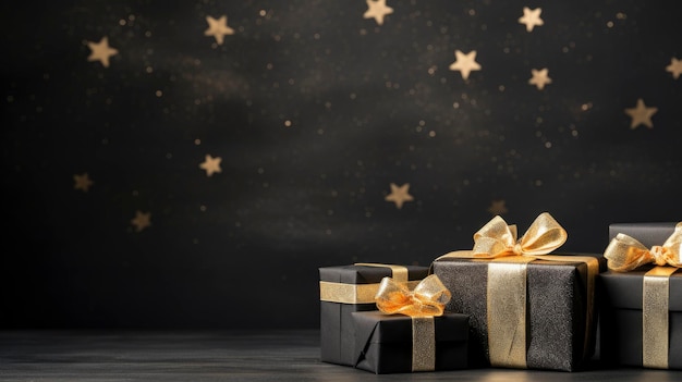 Kerstzwart geschenkdoosje gevuld met een donkere feestelijke achtergrondbanner