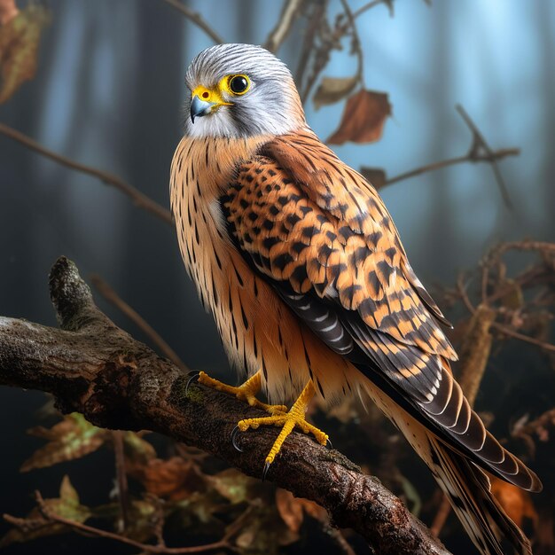 Kestrel zit op een tak in het herfstbos Wildlife scène uit de natuur