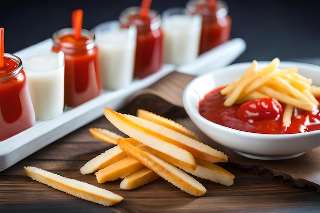 Photo ketchup and ketchup on a tray with ketchup and ketchup.