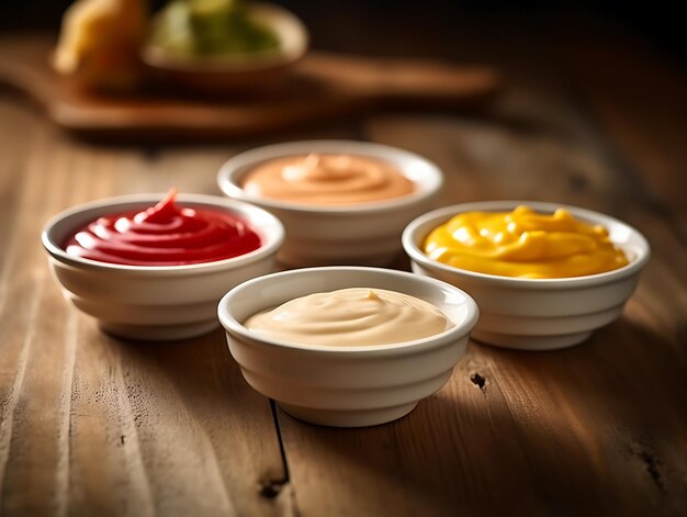 Foto ketchup mosterd en mayonaise in schalen op een houten tafel ai generative