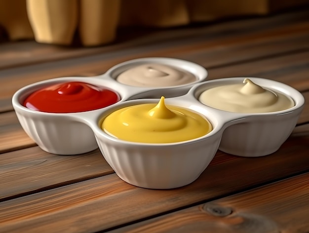 Photo ketchup mustard and mayonnaise in bowls on wooden table ai generative