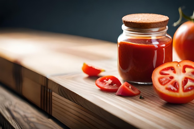 Ketchup op tafel, tomatensaus, verse tomaten, realistisch.