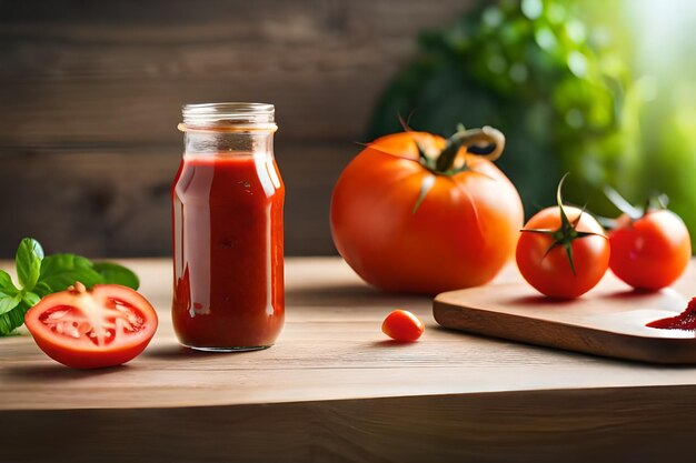 Foto ketchup op tafel, tomatensaus, verse tomaten, realistisch.