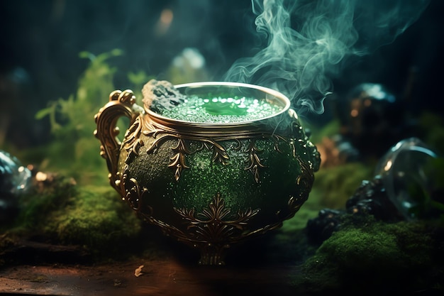 Ketel met draaiend drankje groen magische sprookjeswereld achtergrond
