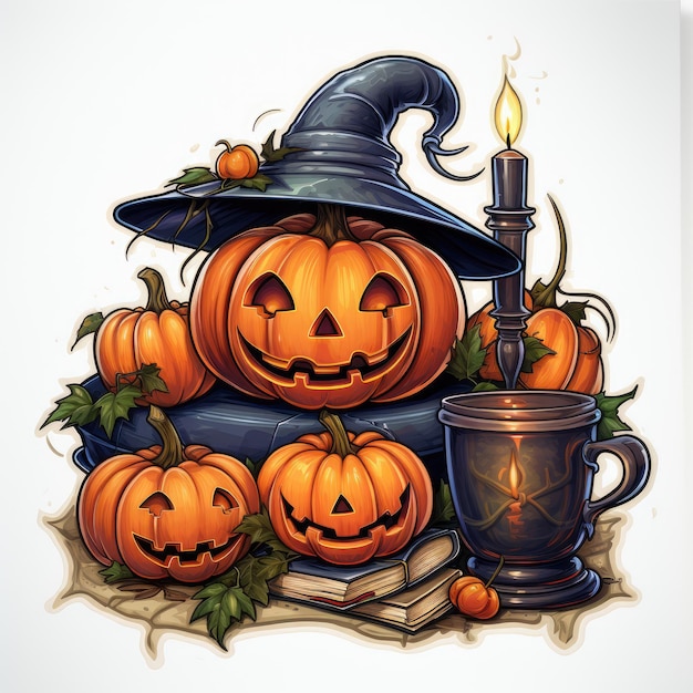 ketel pompoen halloween sticker illustratie poster tattoo ontwerp eng schattig boek poster cover