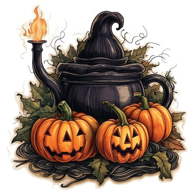 ketel pompoen halloween sticker illustratie poster tattoo ontwerp eng schattig boek poster cover