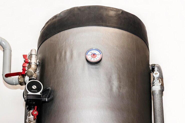 Keteltank met pijpen, pomp, thermometer, klep van waterverwarmingssysteem van huis. Close-up op wit