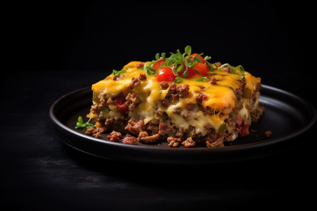 Keto Bacon Cheeseburger Casserole On Black Matte Plate