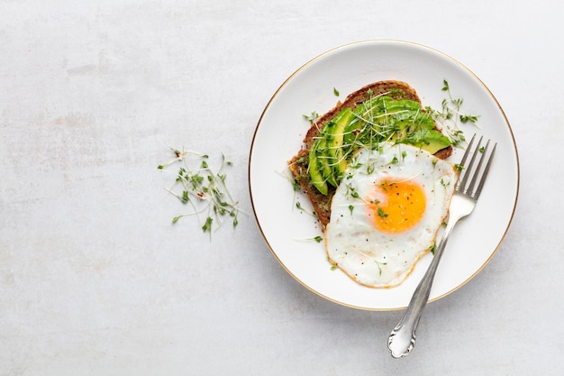 Keto breakfast fried egg, avocado and bread in a white plate. Keto diet concept.