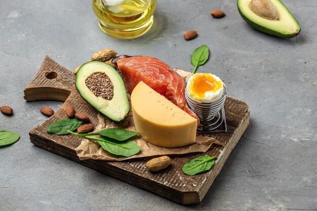 Keto dieet voedsel zalm avocado kaas ei spinazie en noten Ketogeen koolhydraatarm dieet concept Ingrediënten voor gezonde voeding selectie plaats voor tekst bovenaanzicht