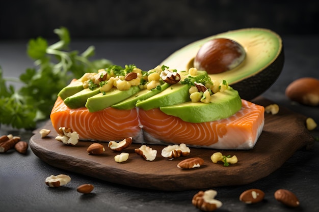 Keto Diet Salmon Recipe with Avocado Eggs Nuts and Seeds on wooden board Generative AI