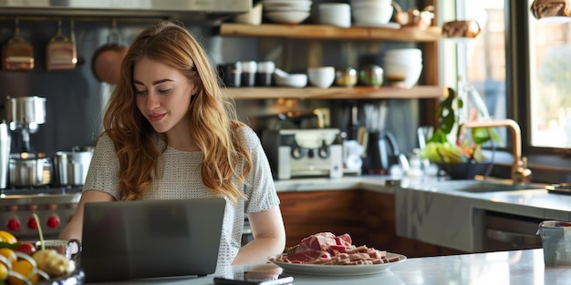 Keto Keyboarding With A Determined Focus A Young Woman Works Diligently On Her Laptop Surrounded