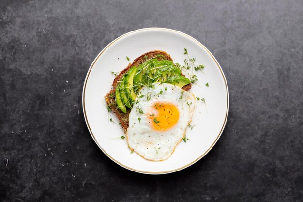 Keto ontbijt gebakken ei avocado en brood in een witte plaat Keto dieet concept