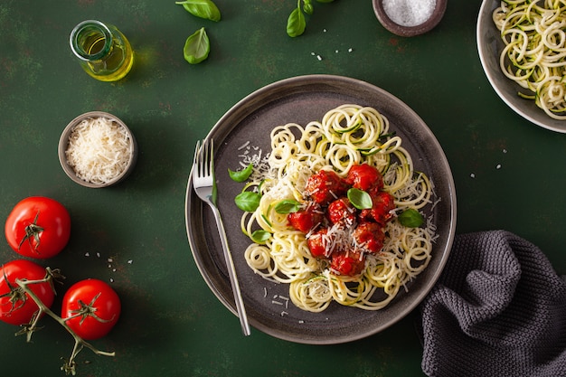 Keto paleo diet zoodles spiralized zucchini noodles with meatballs and parmesan