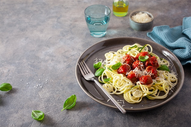 Keto paleo diet zoodles spiralized zucchini noodles with meatballs and parmesan