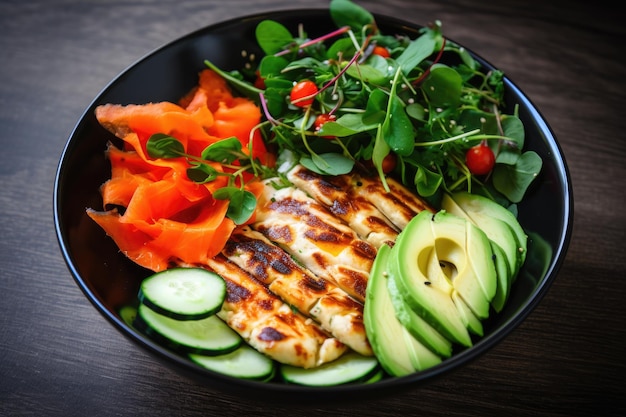 Keto paleo lunch with halloumi avocado carrots and salad