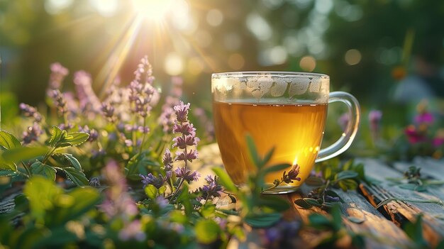 ケト茶 緑茶 広告 茶のケトフレンドリー カップの近くのハーブ 晴れた日 コピースパ