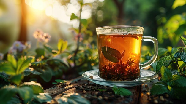 Кето чай зеленый чай рекламный снимок чая кето дружелюбный некоторые травы возле чашки солнечный день копировать спа
