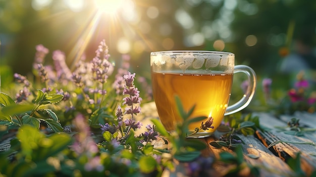 Keto thee groene thee reclame shot van een thee keto vriendelijk enkele kruiden in de buurt van de beker zonnige dag kopie spa