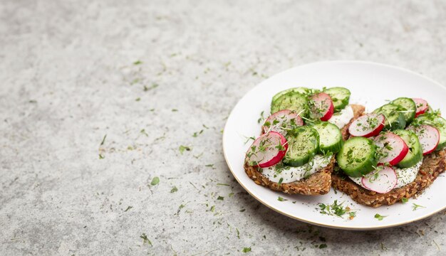 Keto Toasts with cucumber egg mozzarella and microgreens