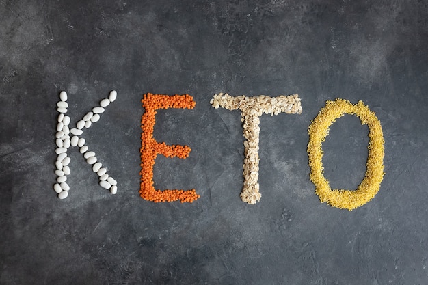 Keto word made from ketogenic food. Keto, Ketogenic diet, low carb. Healthy food   top view. Organic products: lentils, oatmeal, beans, millet on a dark gray .