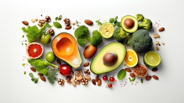 Ketogeen gezond dieet voedsel zalm avocado eieren noten en zaden geïsoleerd op een witte achtergrond