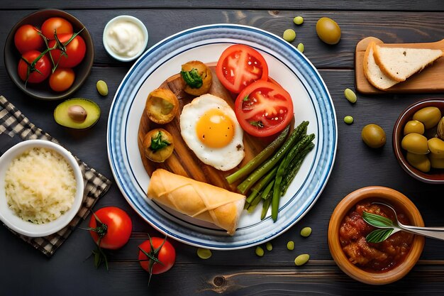 Ketogeen ontbijt ontbijt gebakken ei zalm groene asperges verse tomaten en rood op wit bord