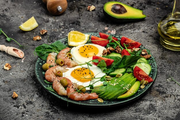 Ketogenic breakfast Keto low carb shrimps prawns quail eggs fresh salad tomatoes cucumbers and avocado on a light background keto diet Top view