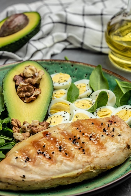 Ketogenic diet avocado grilled chicken fillet quail egg spinach walnut Low carb high fat breakfast vertical image top view place for text