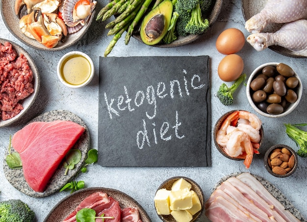 KETOGENIC DIET CONCEPT Healthy low carb product background Top view