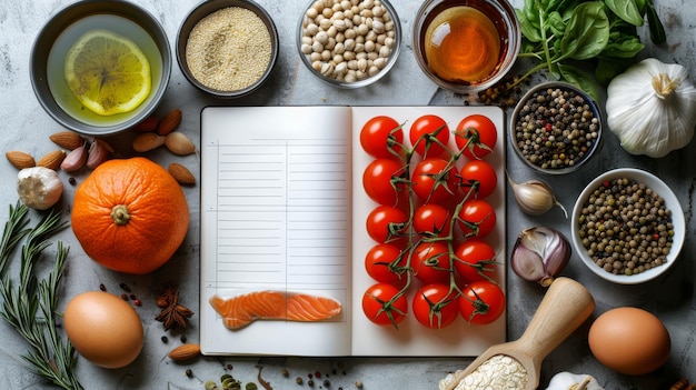 Photo a ketogenic diet concept is shown with a notepad and informationgraphic on a light table