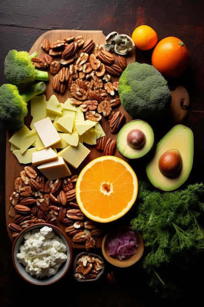 Ketogenic diet food ingredients cheese avocado orange nuts seeds broccoli