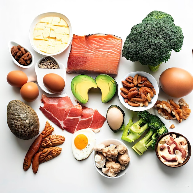 ketogenic low carbs diet food selection on white wall