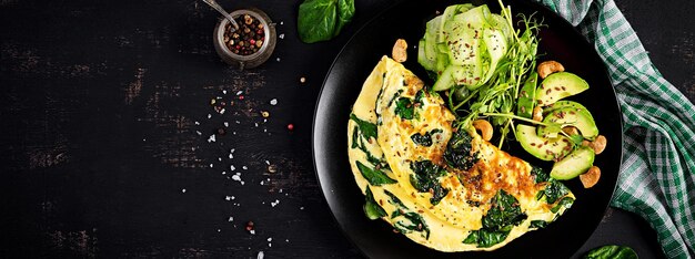 Ketogenic paleo diet breakfast Omelette with spinach and avocado cucumber Top view banner