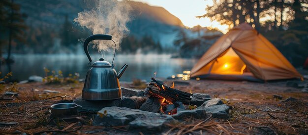 Kettle Boiling on Campfire by Tent