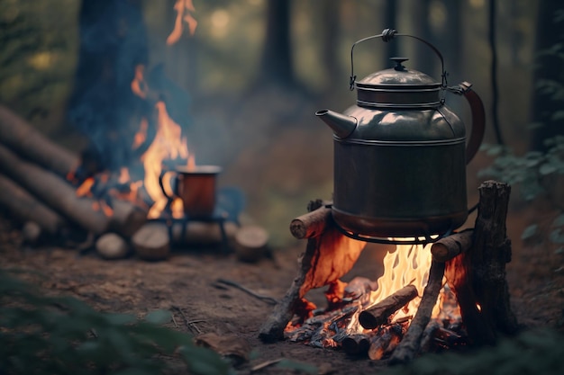 Kettle on a campfire in the woods preparing a hot drink in nature Generative AI