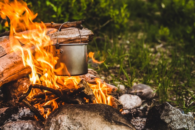 Kettle hanging on a branch over the fire