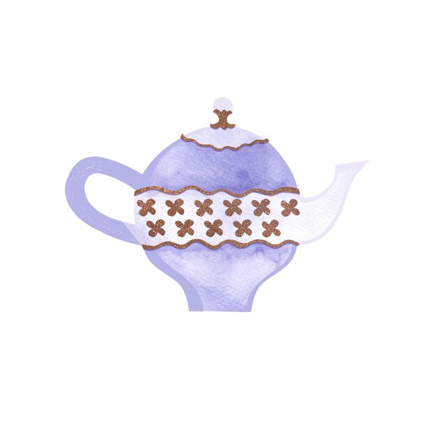 Kettle in een klassieke stijl met gouden decor en bloemenornamenten Geïsoleerde aquarel illustratie