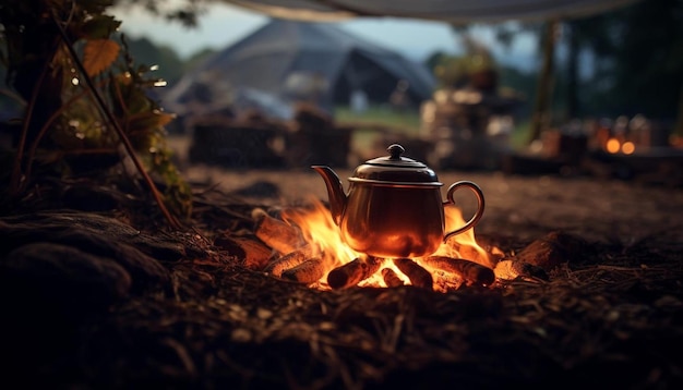 a kettle is cooking over a fire in a forest