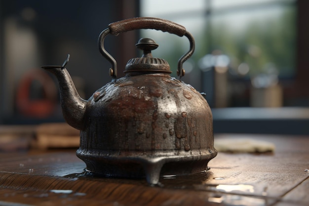 A kettle on a table with the word tea on it