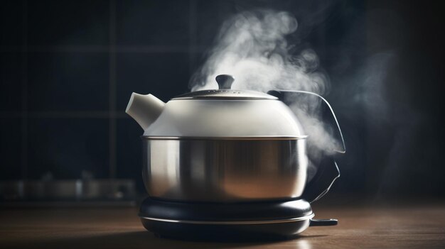 A kettle with steam coming out of it is on a table.