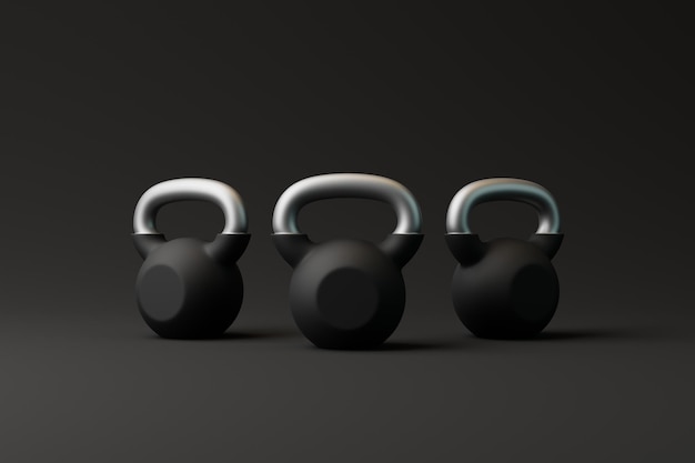 어두운 배경에 Kettlebells 체육 시간 3D 렌더링 일러스트레이션