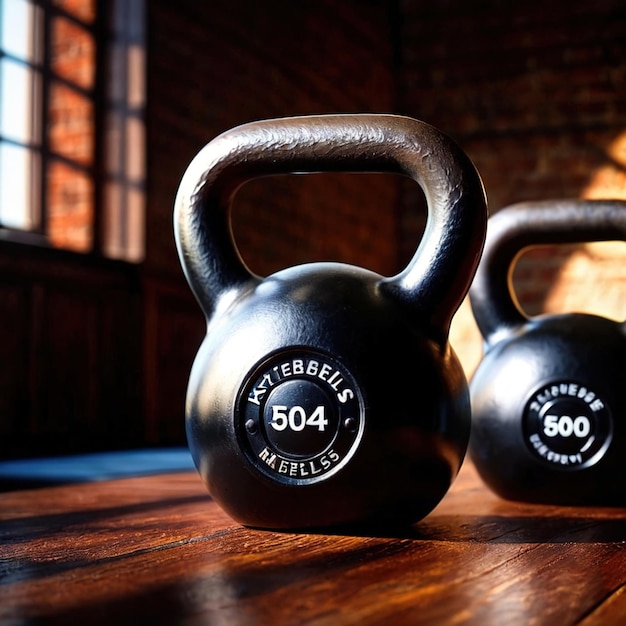 Photo kettlebells and dumbells gymn equipment for fitness and weight lifting growing muscles