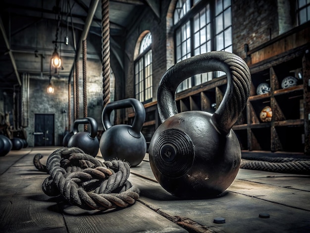 kettlebells and ropes set up in an empty gym by fred peralta for stocksy united