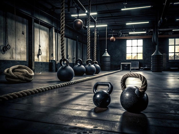 kettlebells and ropes set up in an empty gym by fred peralta for stocksy united