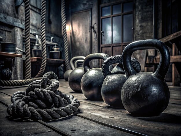 kettlebells and ropes set up in an empty gym by fred peralta for stocksy united